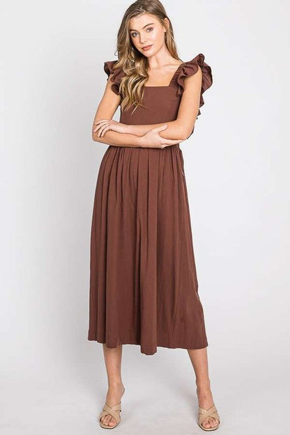 Bohemian Linen Ruffle Cut Out Back Midi Dress