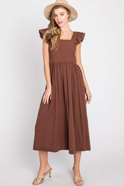 Bohemian Linen Ruffle Cut Out Back Midi Dress