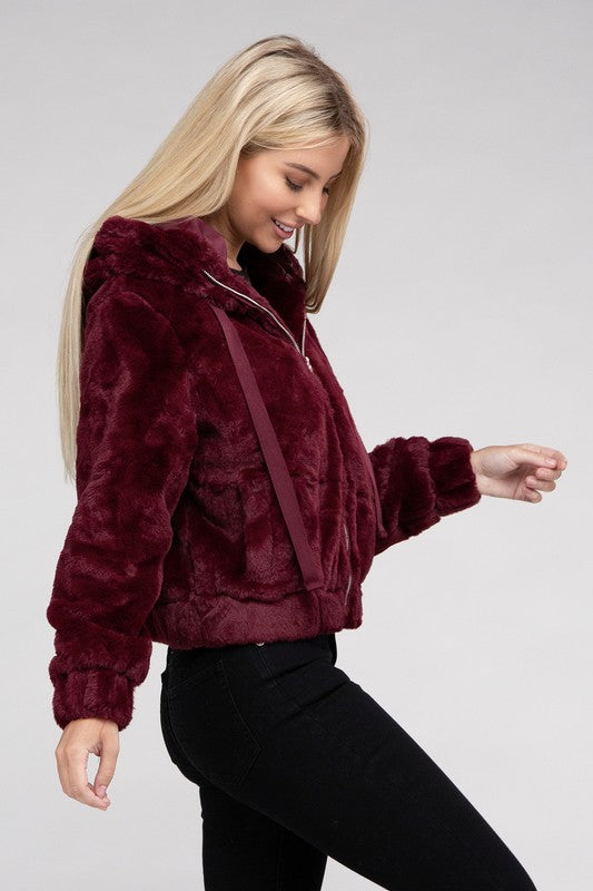 Burgundy faux teddy hot sale fur bomber jacket