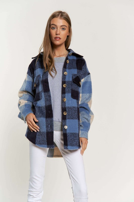 Bohemian Colorblock Plaid Chest Pocket Detail Lumberjack Shacket Blue Multi / M