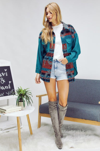 Bohemian Plaid Aztec Printed Button Down Long Sleeve Shirt Jacket