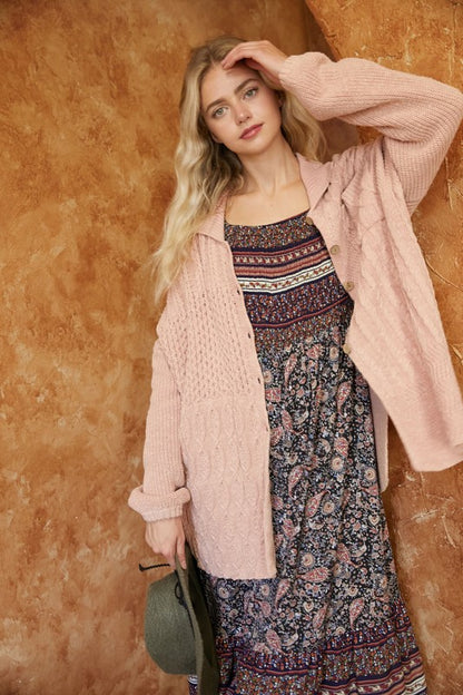 Bohemian Pattern Knit Oversized Solid Button Down Cardigan