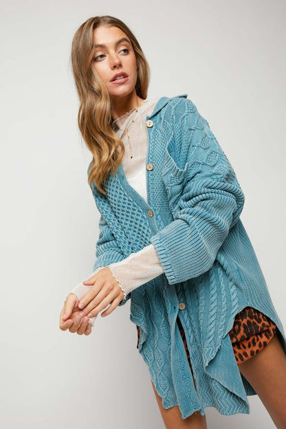 Bohemian Pattern Knit Oversized Solid Button Down Cardigan