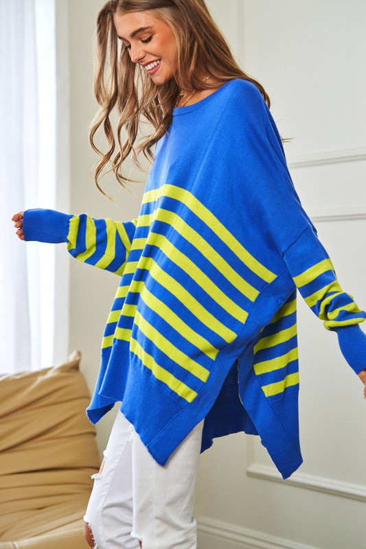 Bohemian Multi Striped Elbow Heart Patch Loose Fit Sweater Top