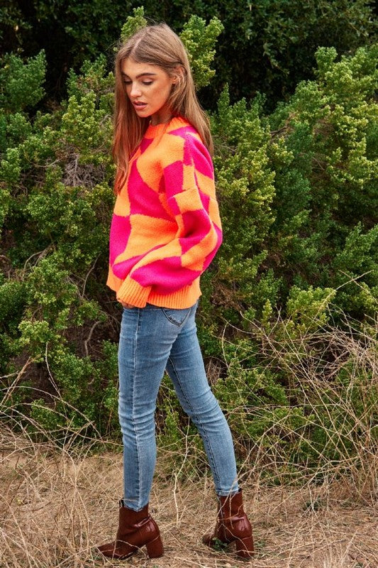 Bohemian Multi Geo Checker Pullover Knit Sweater Top