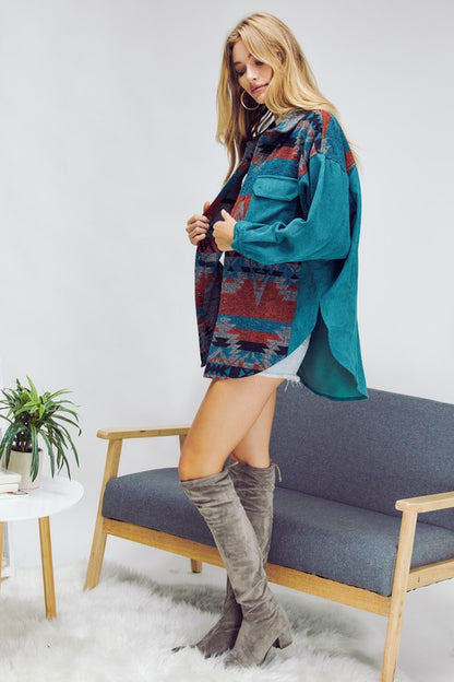 Bohemian Plaid Aztec Printed Button Down Long Sleeve Shirt Jacket