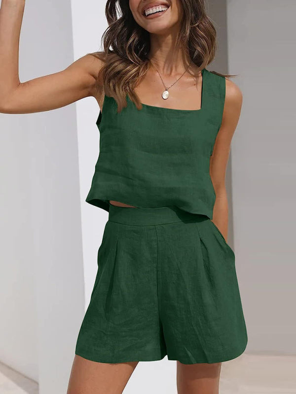 Casual Cotton Linen Sleeveless Square Neck Top + Shorts Two-Piece Set