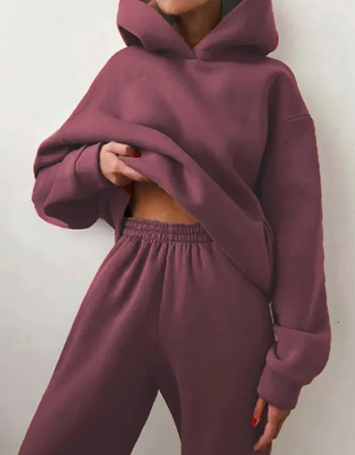 Women's Trendy Solid Color Hoody Sweatshirt and Sweatpants Set