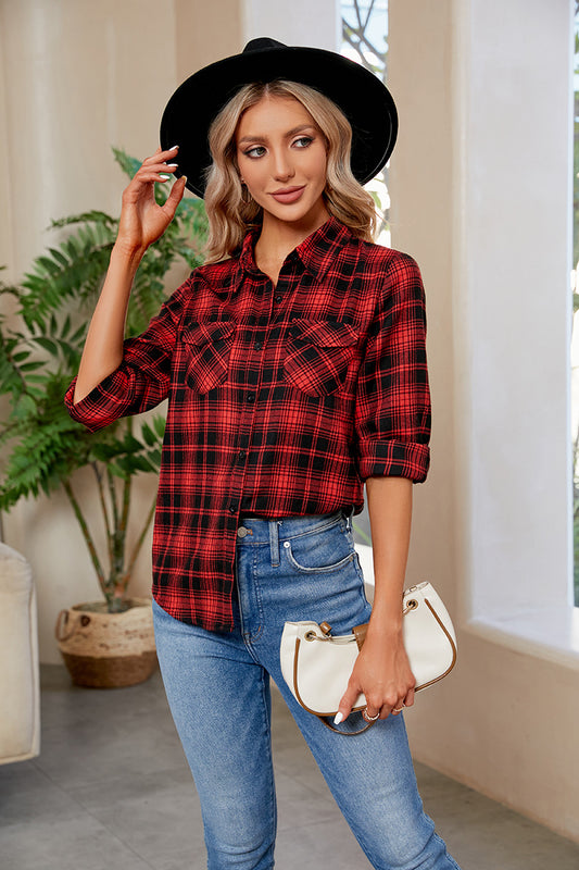 Country Boho Plaid Curved Hem Long Sleeve Shirt