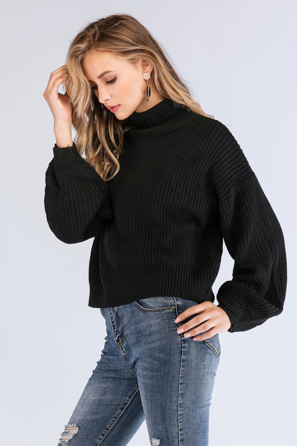 Boho Turtleneck Rib-Knit Lantern Sleeve Sweater