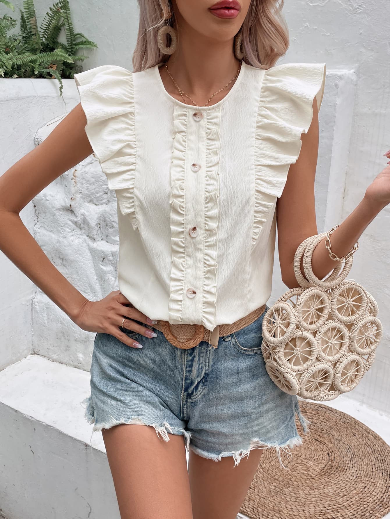 Boho White Decorative Button Frill Trim Round Neck Top