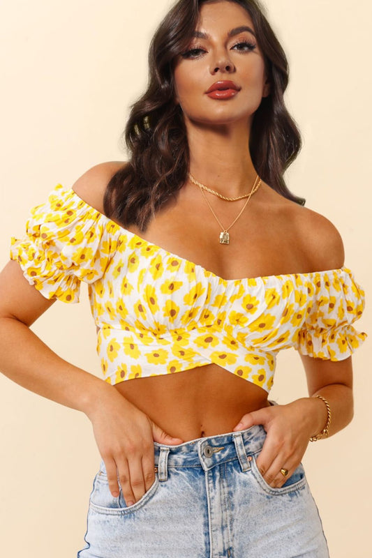 Boho Flower Print Ruffle Trim Off-Shoulder Back Tie Blouse