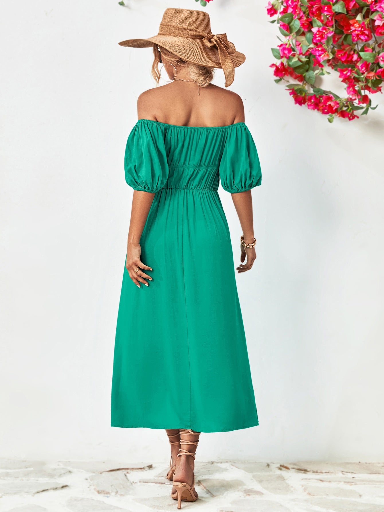 Hillary Boho Off the Shoulder Balloon Sleeve Midi Dress OliverandJade