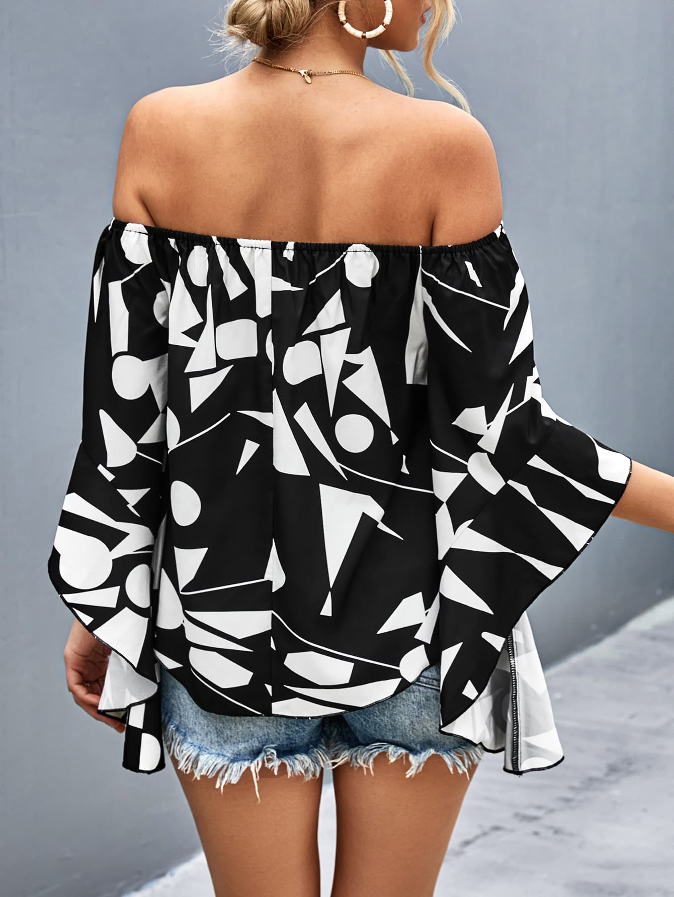 Bohemian Printed Off-Shoulder Bell Sleeve Blouse