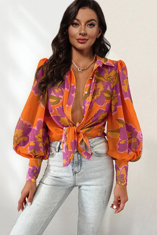 Bohemian Flower Print Collared Neck Lantern Sleeve Shirt