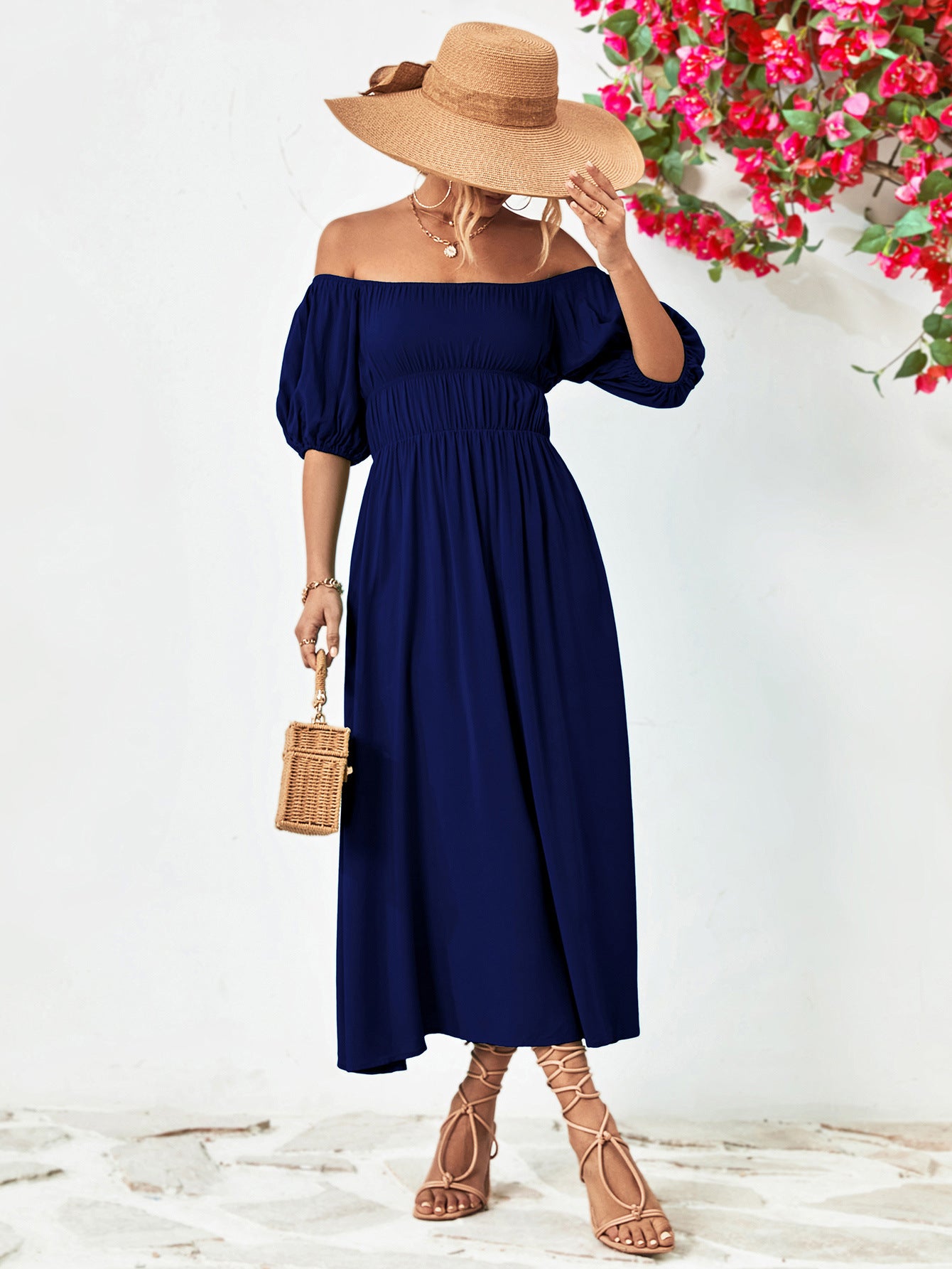 Hillary Boho Off the Shoulder Balloon Sleeve Midi Dress