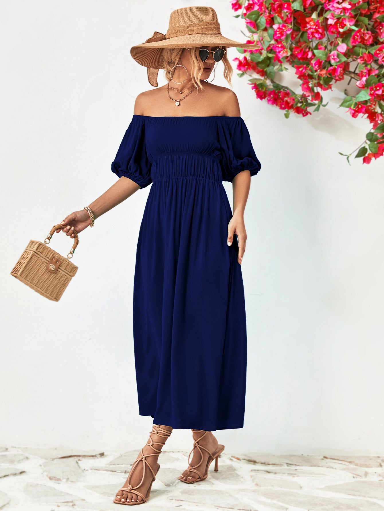 Hillary Boho Off the Shoulder Balloon Sleeve Midi Dress