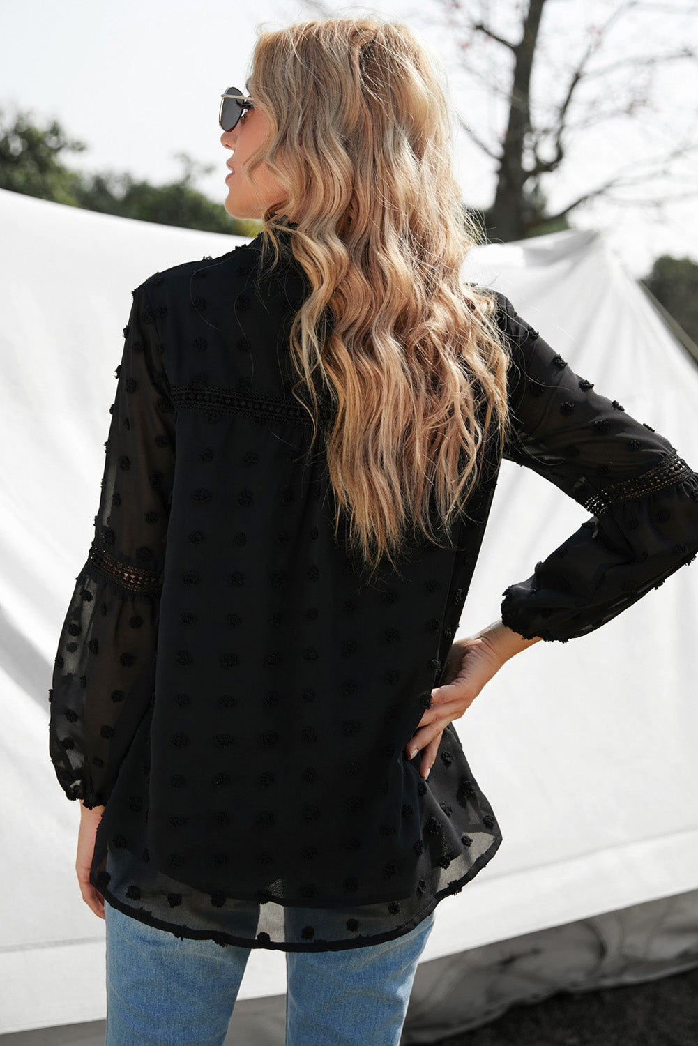 Boho Swiss Dot Frilled Notched Neck Blouse