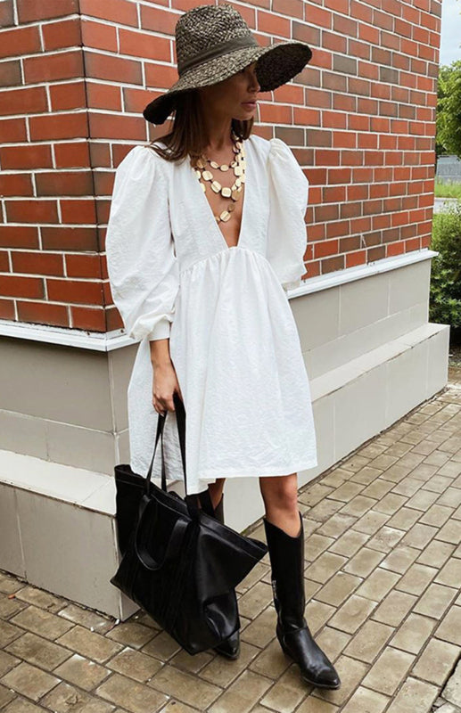 Women's Deep V-Neck Lantern Puff Sleeves Dress – OliverandJade