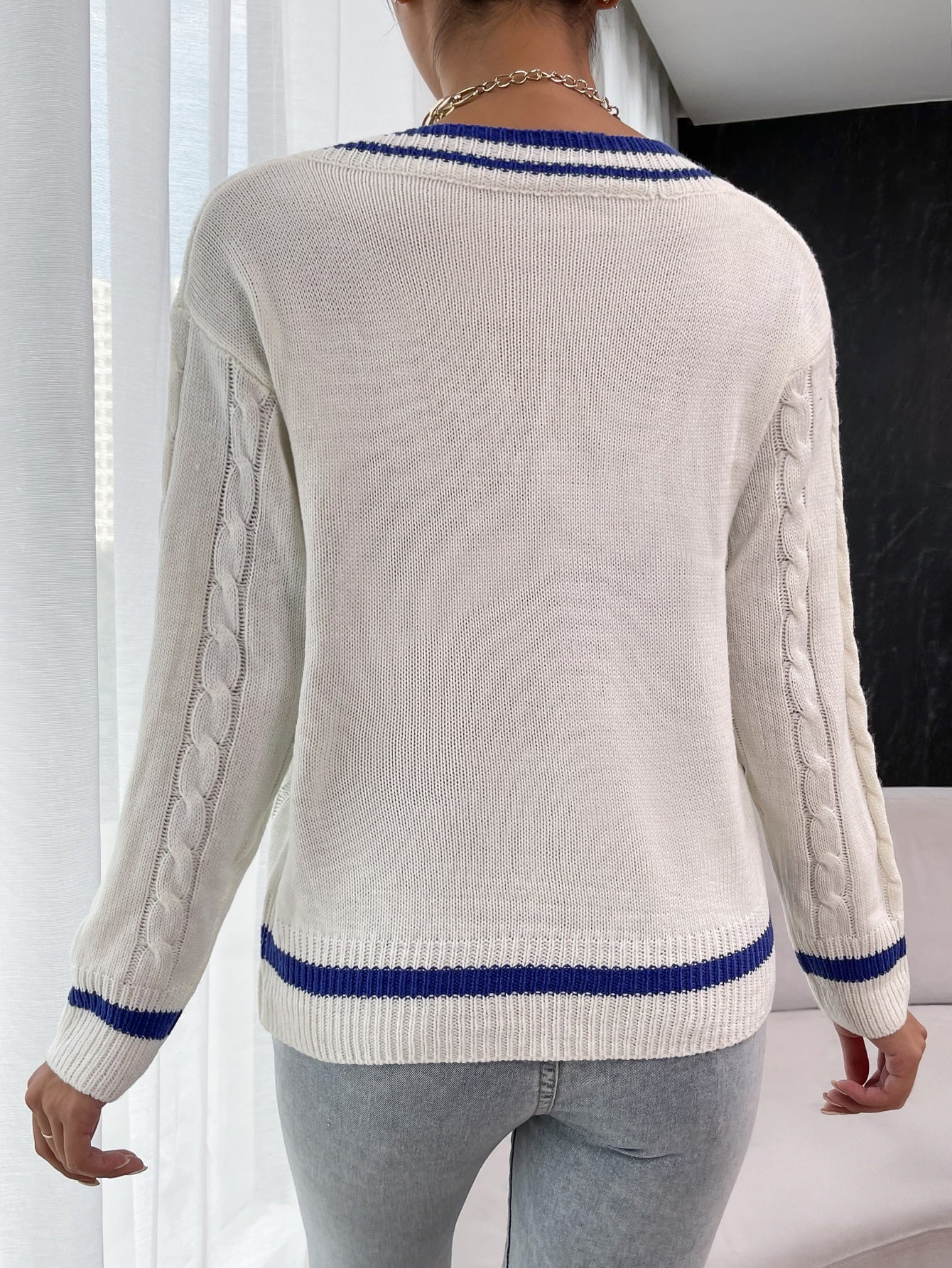 Bohemian Varsity V-Neck Cable-Knit Sweater