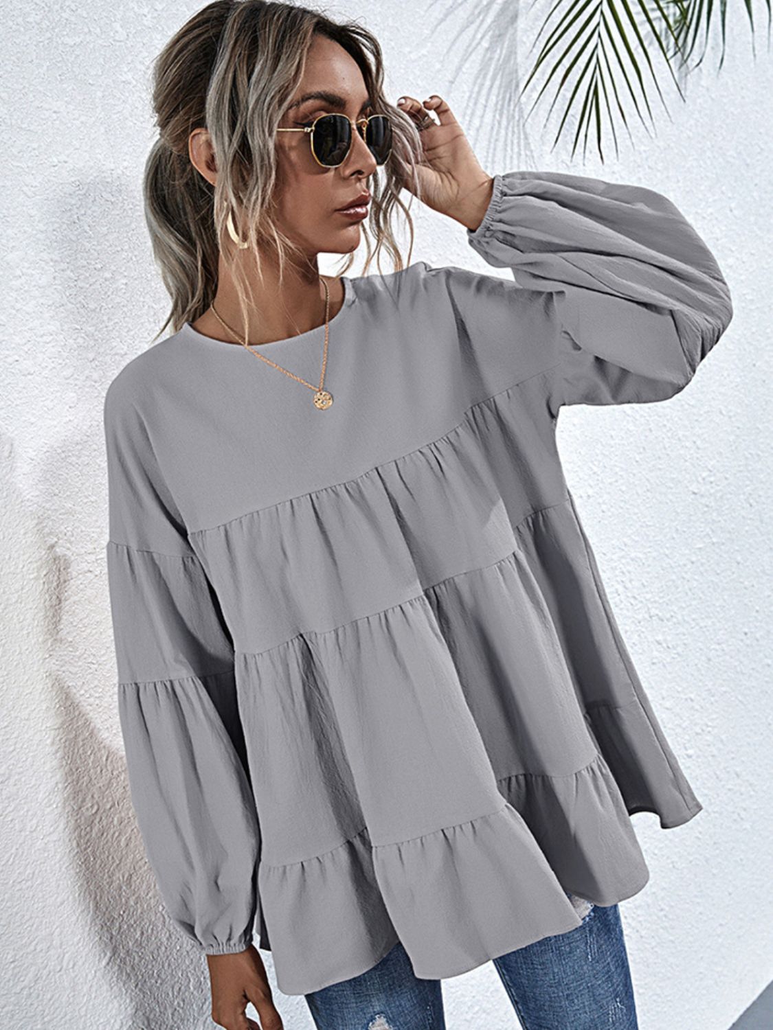 Bohemian Round Neck Dropped Shoulder Tiered Blouse