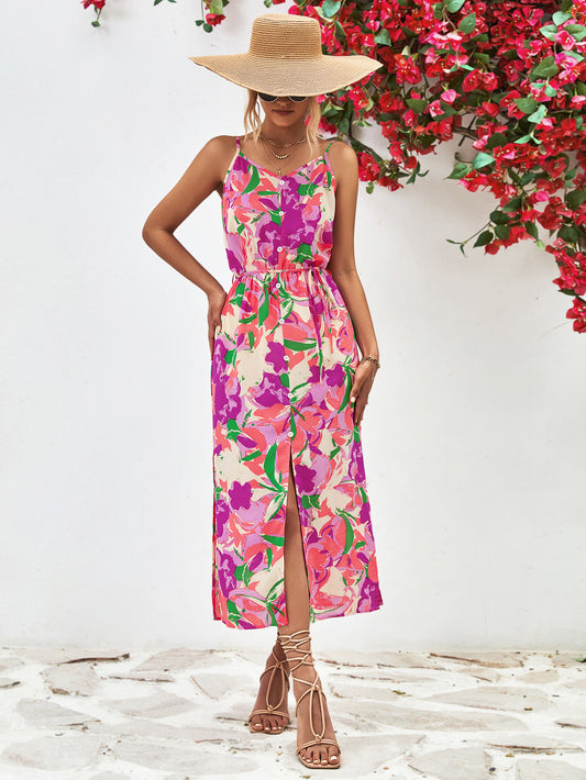 Gia Floral Printed Spaghetti Strap Front Slit Midi Dress