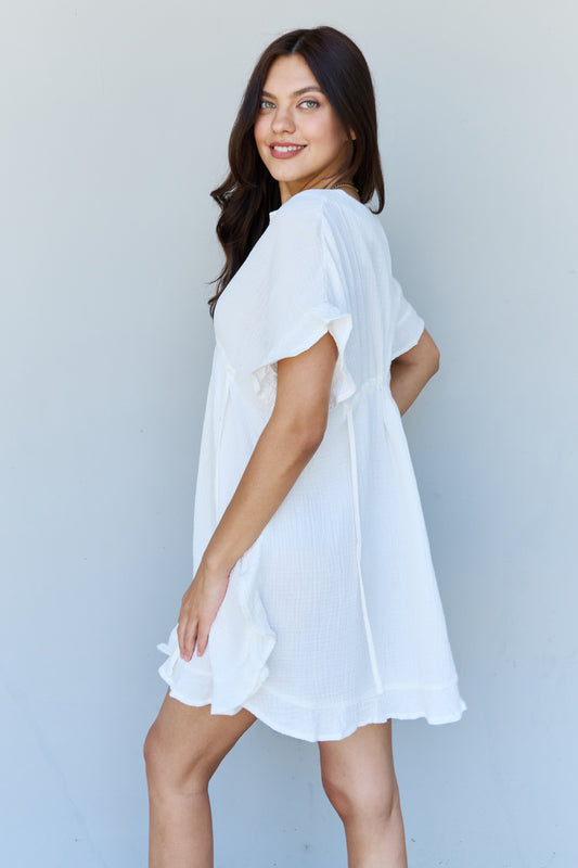 Out Of Time Boho Ruffle Hem Dress with Drawstring Waistband in White