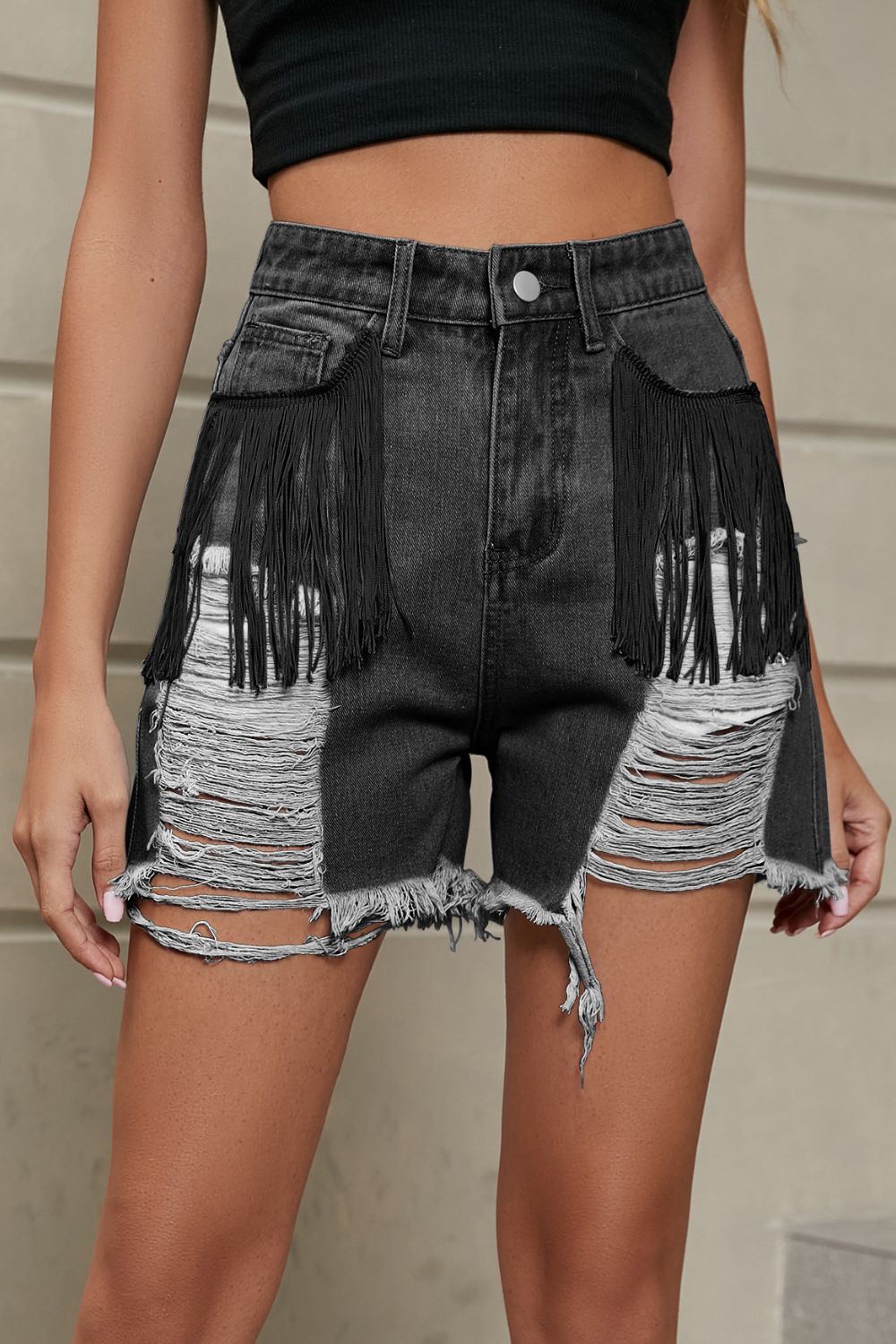 Boho Western Rocker Fringe Trim Distressed Denim Shorts with Pockets