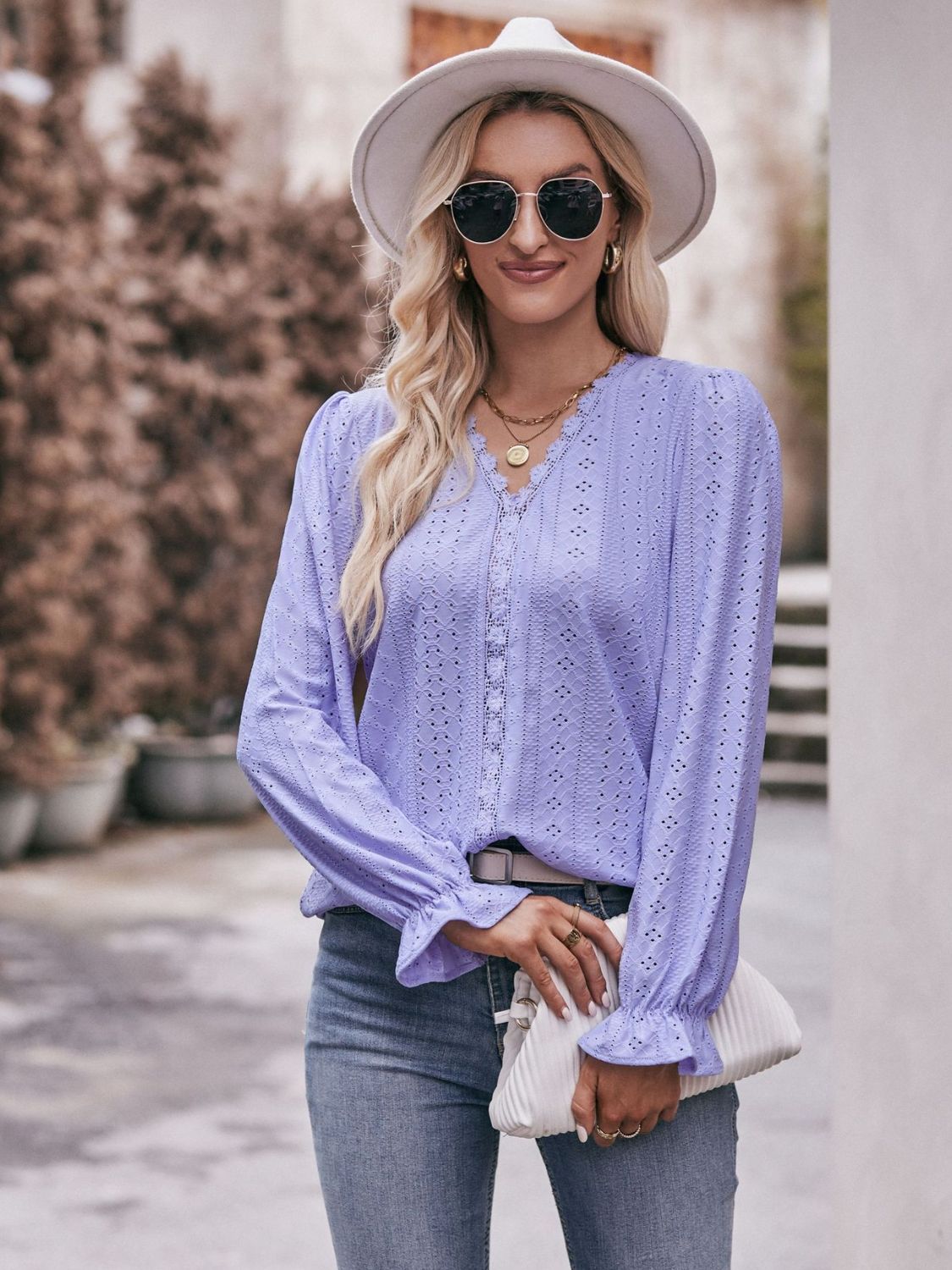 Bohemian Exposed Seam Round Neck Long Sleeve Cropped Top