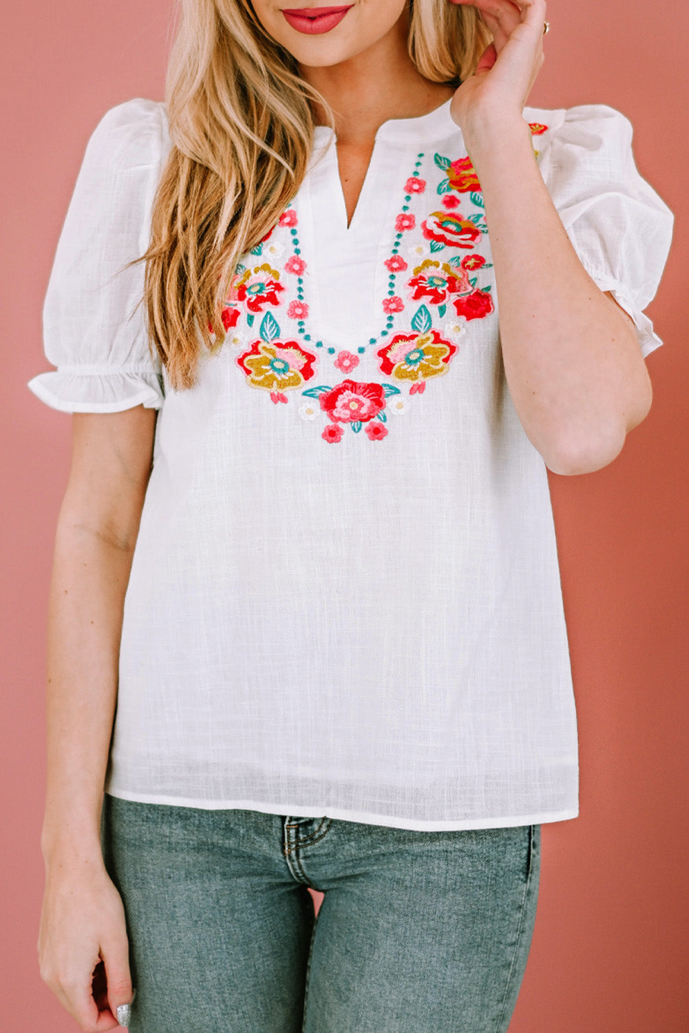 Boho Embroidered Notched Neck Flounce Sleeve Top