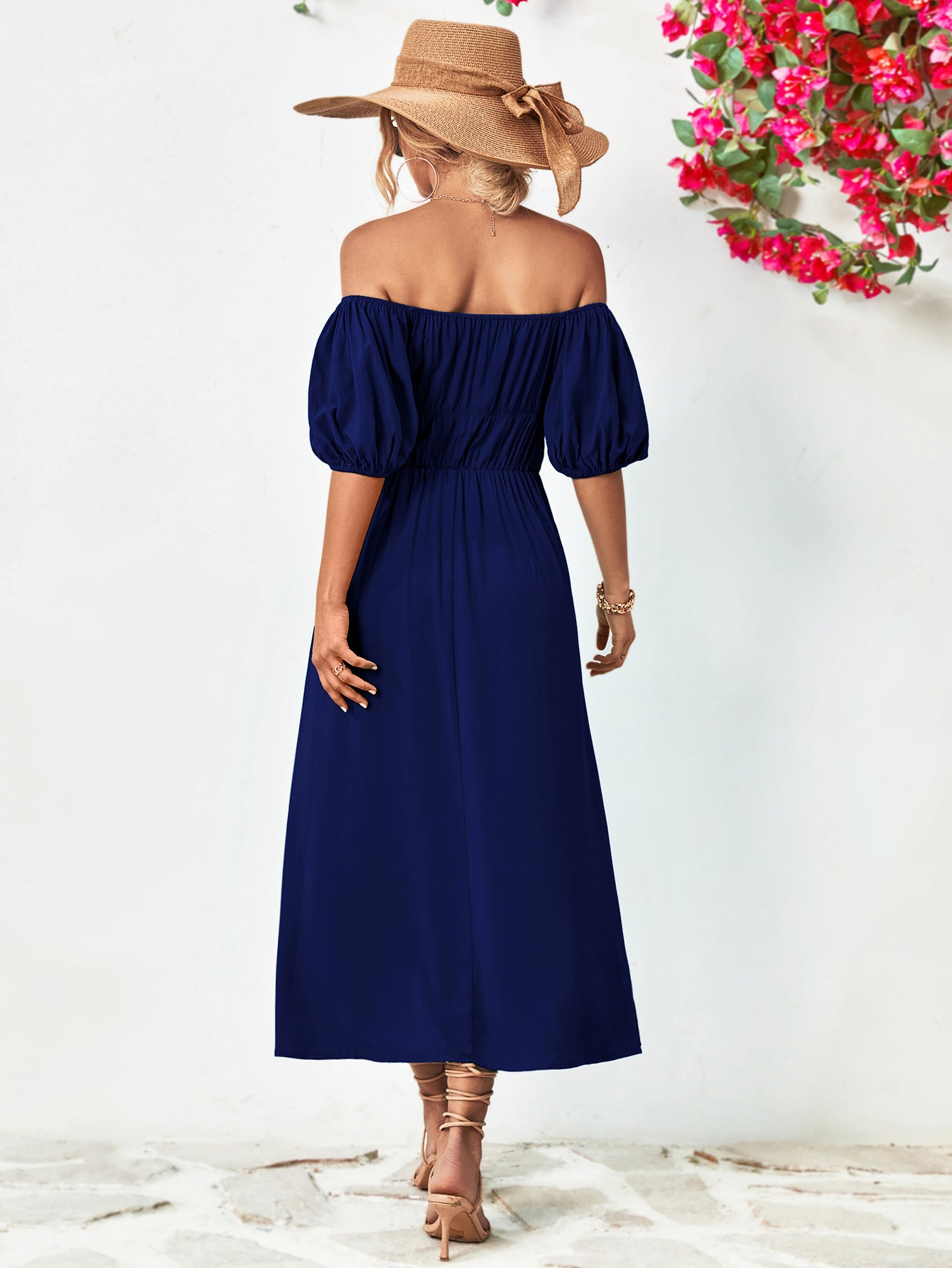 Hillary Boho Off the Shoulder Balloon Sleeve Midi Dress