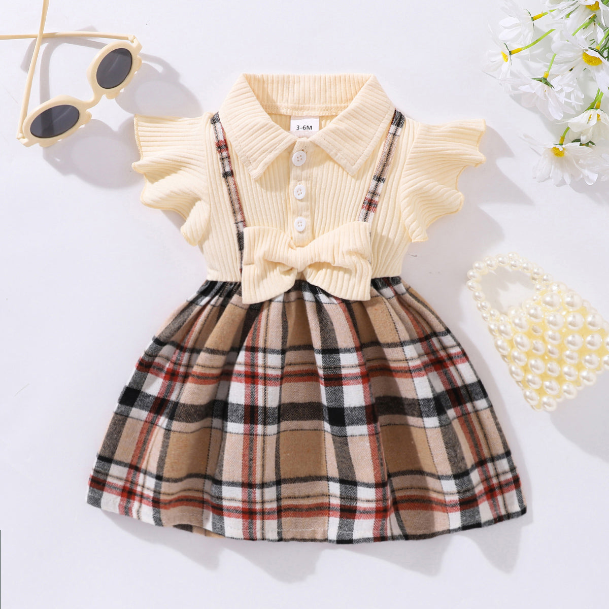 Little Baby Girl Plaid Collared Bow Detail Dress