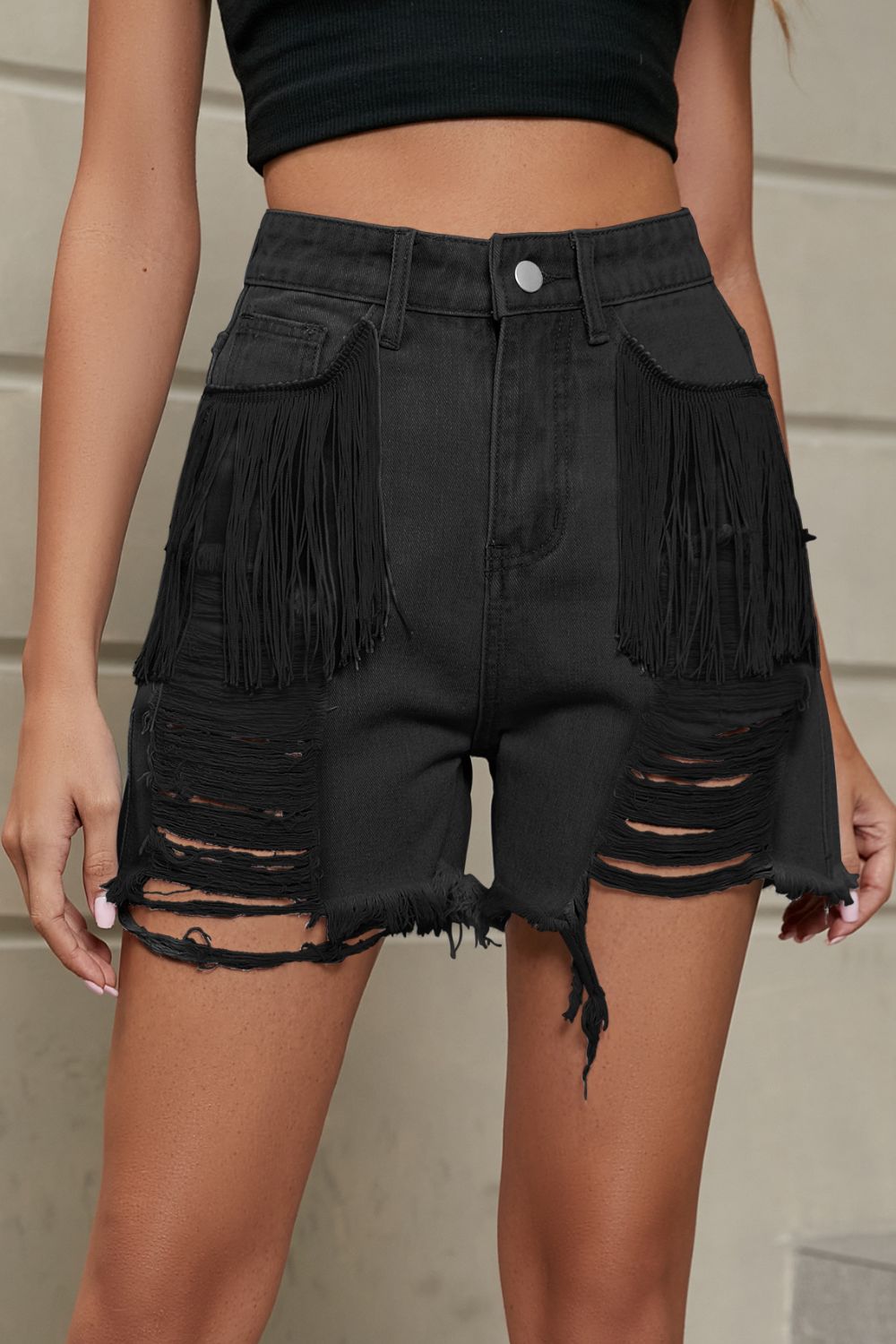 Boho Western Rocker Fringe Trim Distressed Denim Shorts with Pockets