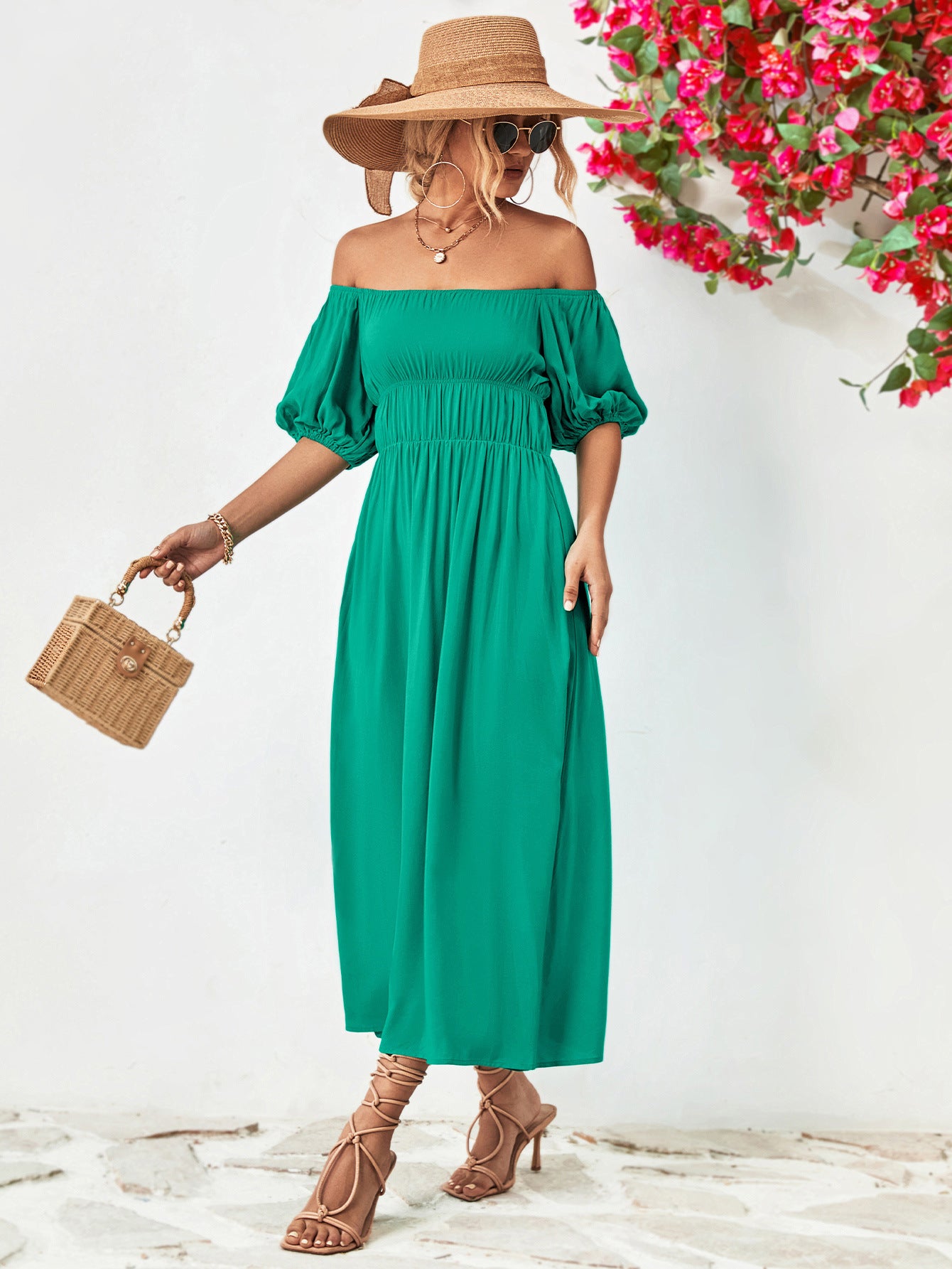 Hillary Boho Off the Shoulder Balloon Sleeve Midi Dress