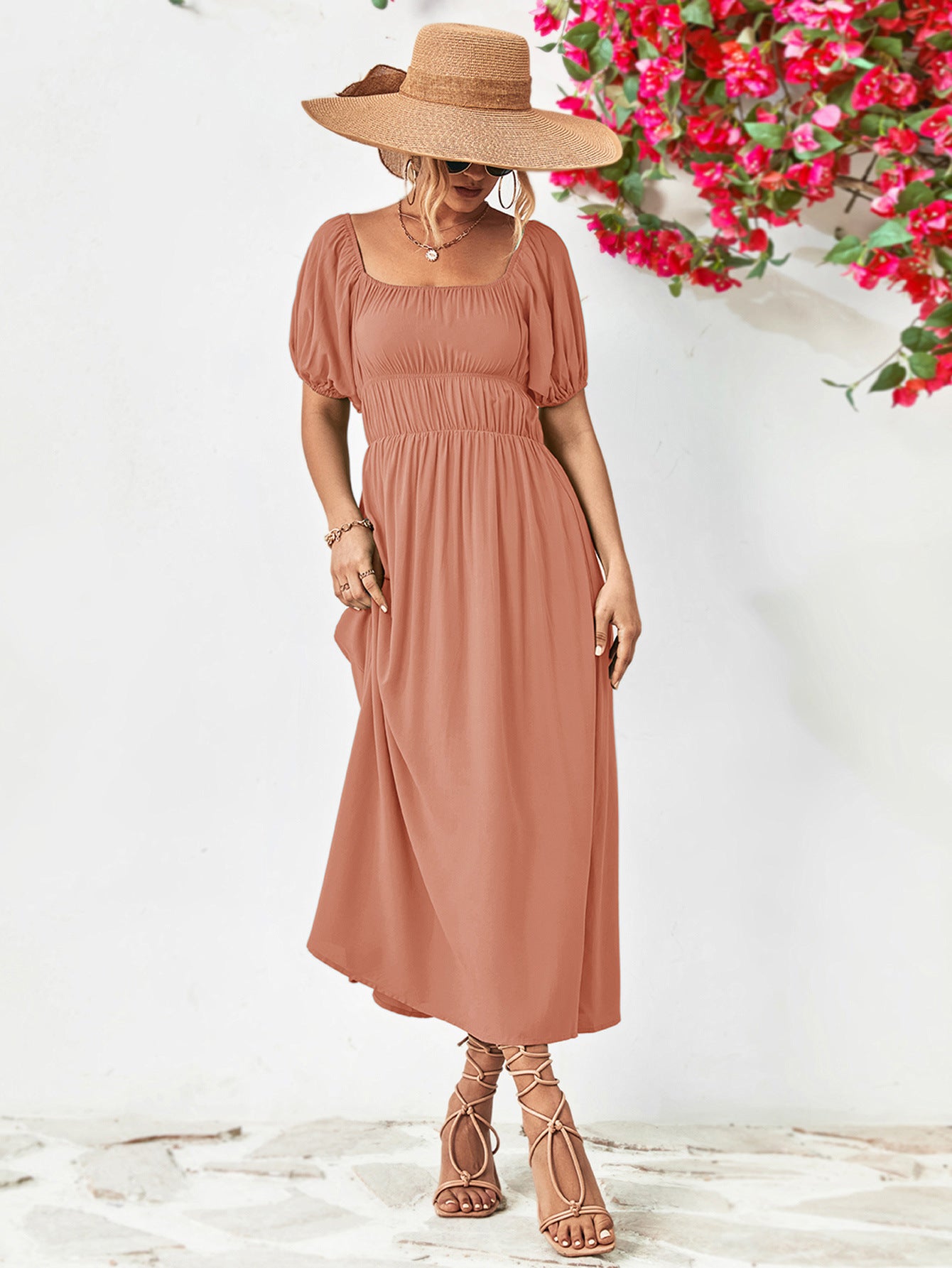 Hillary Boho Off the Shoulder Balloon Sleeve Midi Dress