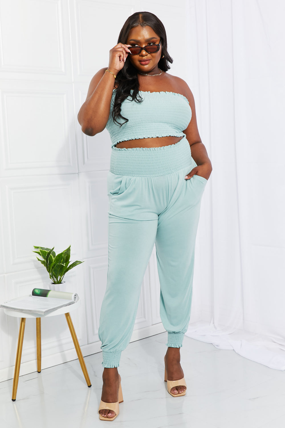 Stylish Comfort Smocked Tube Top Joggers Set OliverandJade