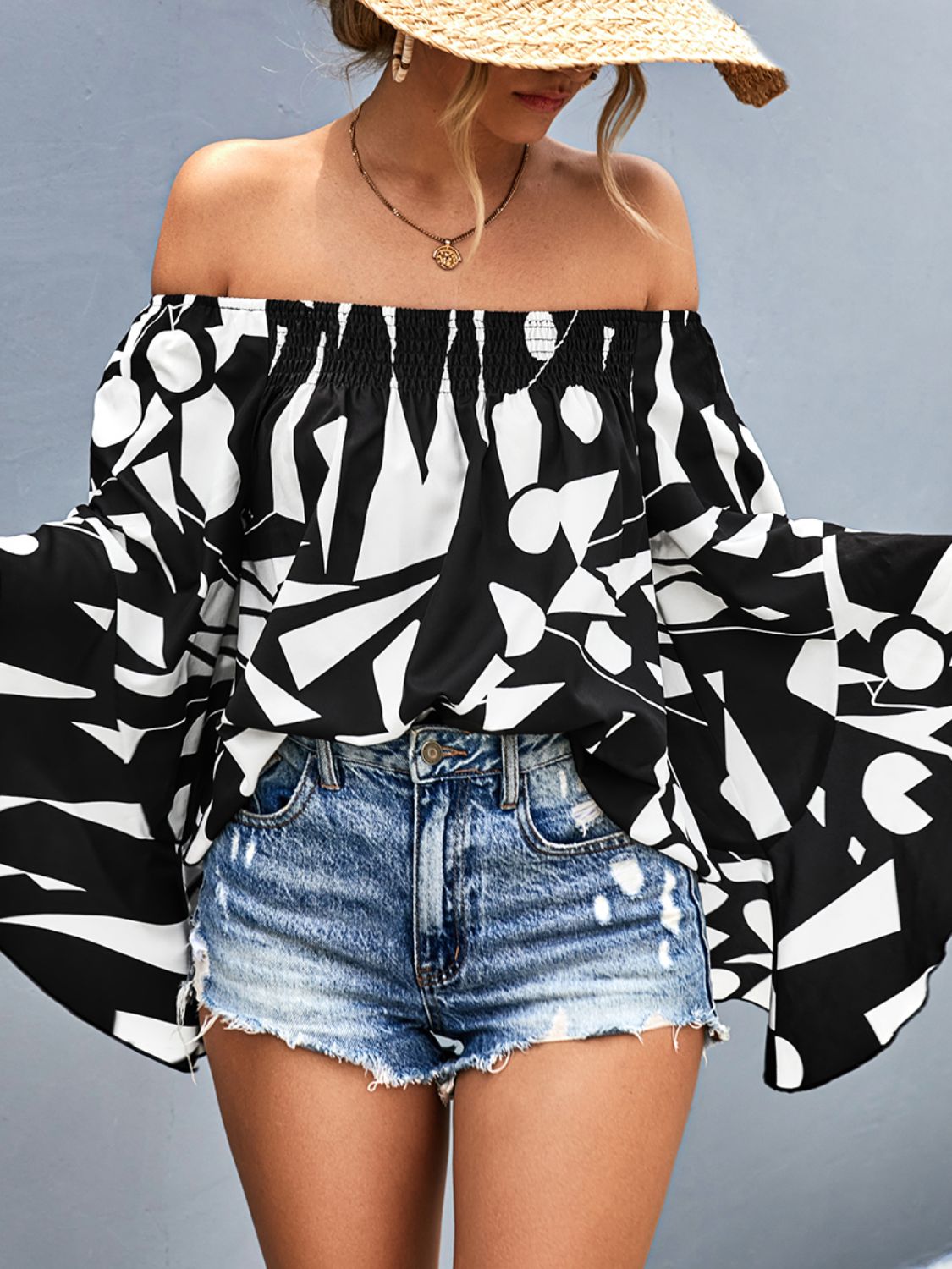 Bohemian Printed Off-Shoulder Bell Sleeve Blouse