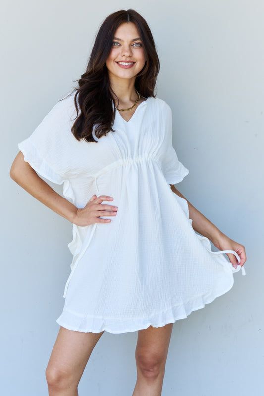 Out Of Time Boho Ruffle Hem Dress with Drawstring Waistband in White