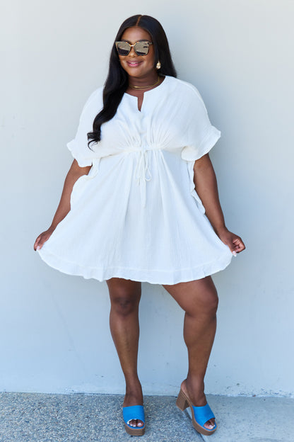 Out Of Time Boho Ruffle Hem Dress with Drawstring Waistband in White