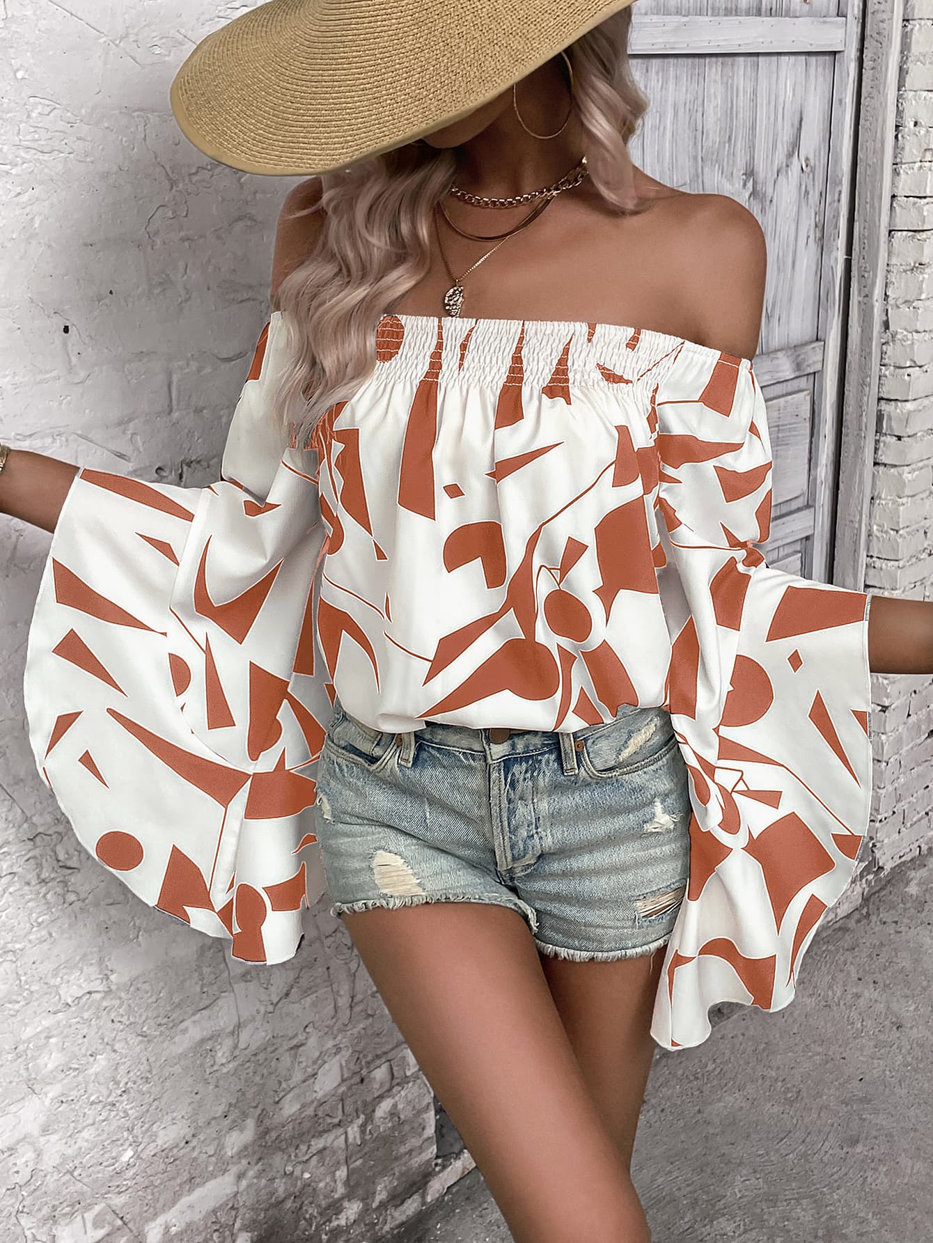 Bohemian Printed Off-Shoulder Bell Sleeve Blouse