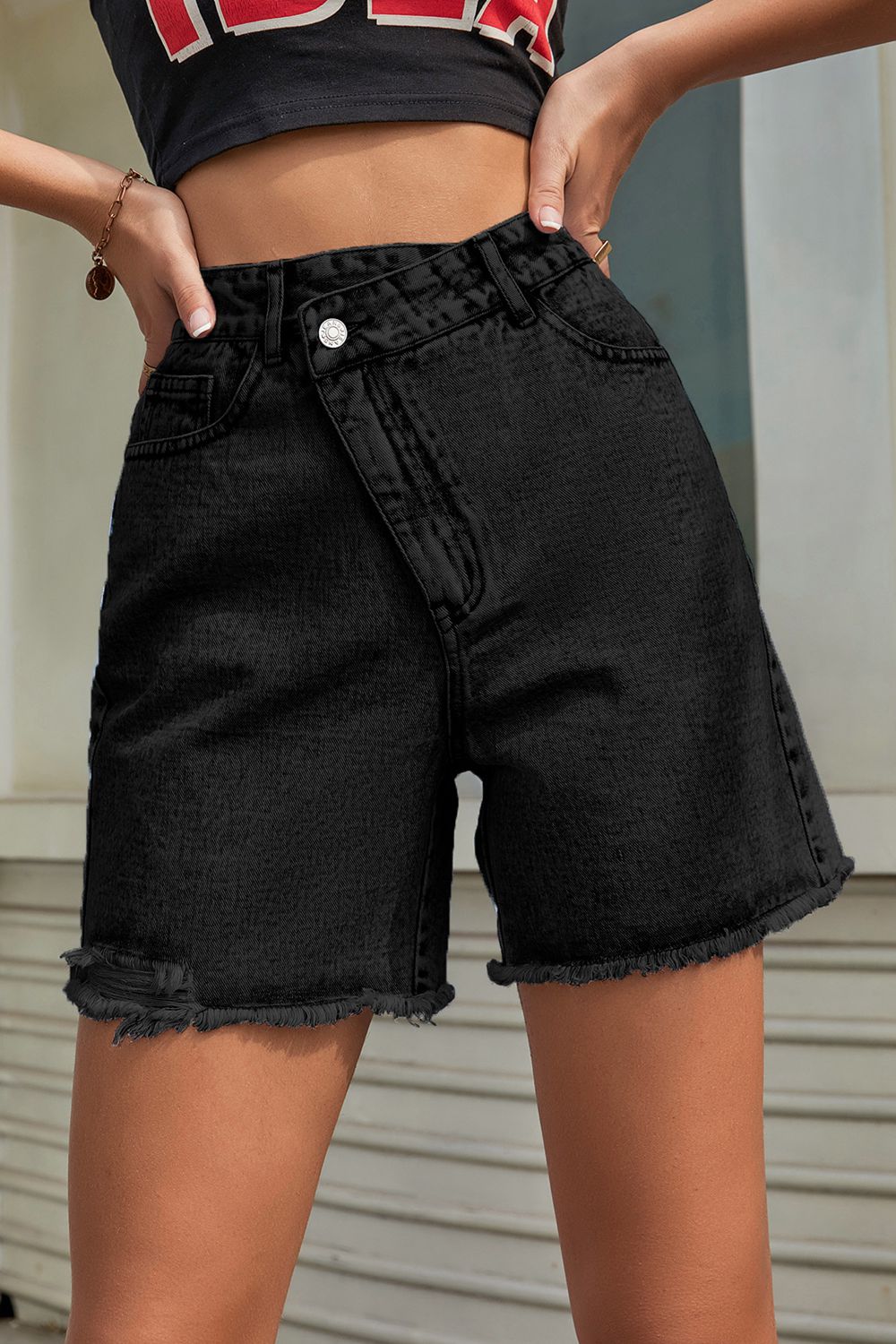 Boho Crossover Buttoned Raw Hem Denim Shorts