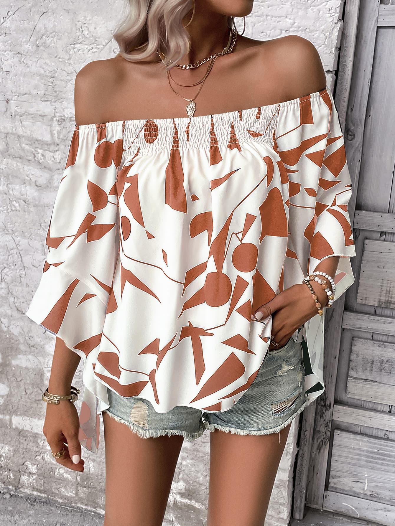 Bohemian Printed Off-Shoulder Bell Sleeve Blouse