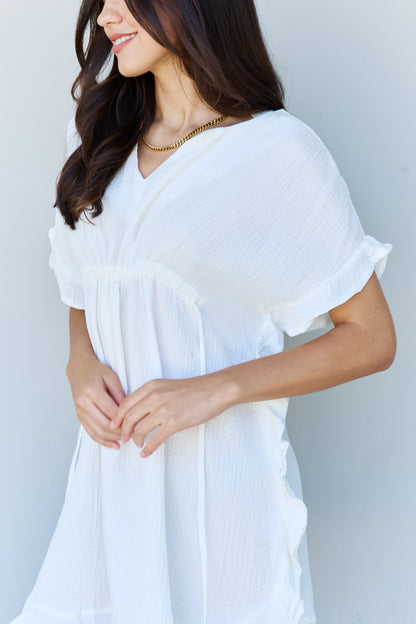 Out Of Time Boho Ruffle Hem Dress with Drawstring Waistband in White