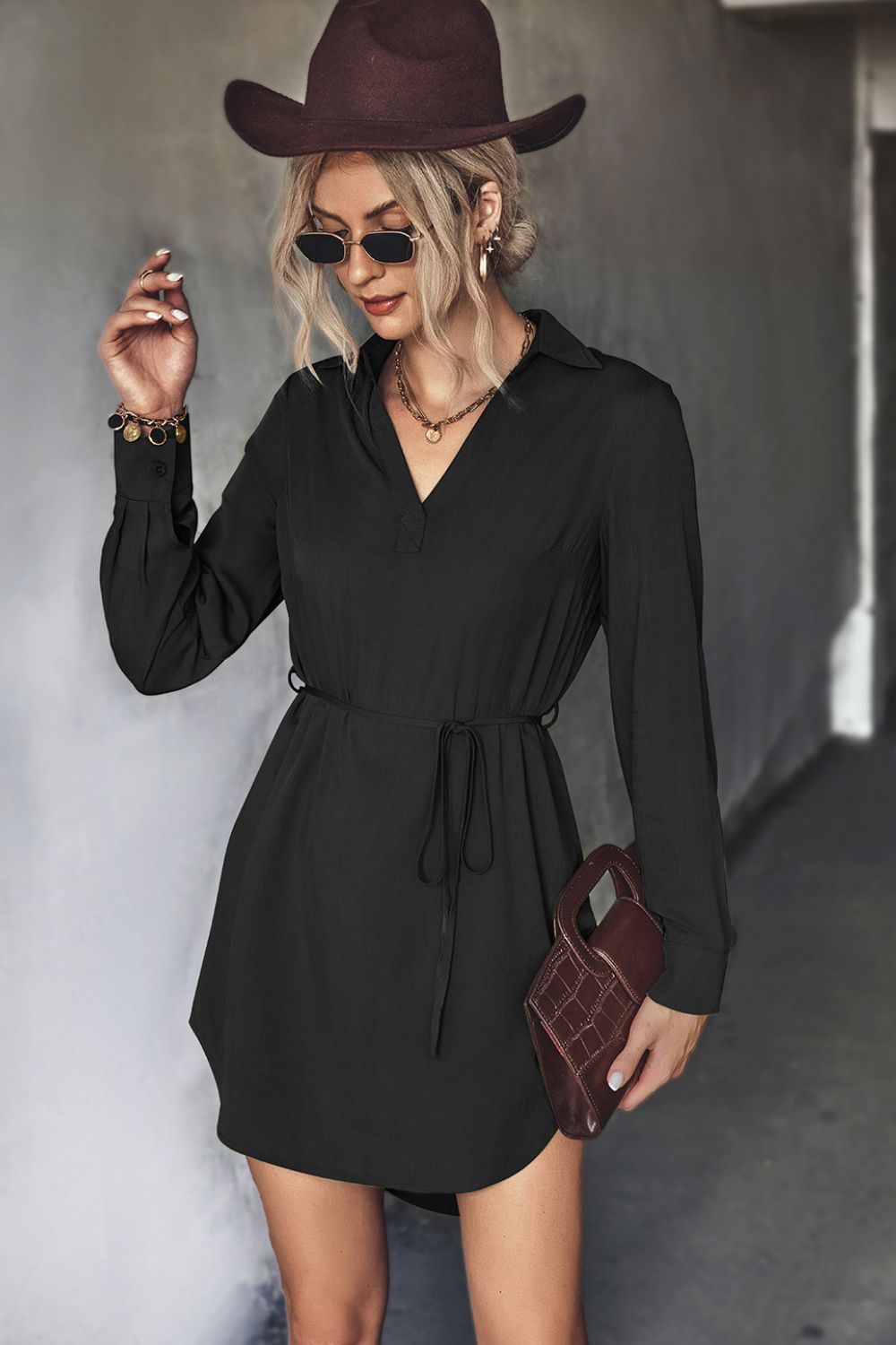 Boho Belted Johnny Collar High-Low Shirt Dress