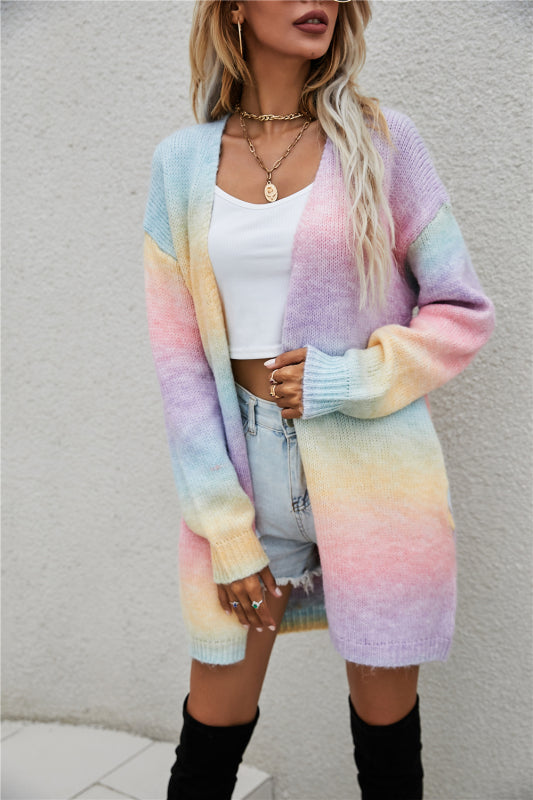 Rainbow Tie-Dye Mid-Length Oversized Cardigan Sweater Jacket