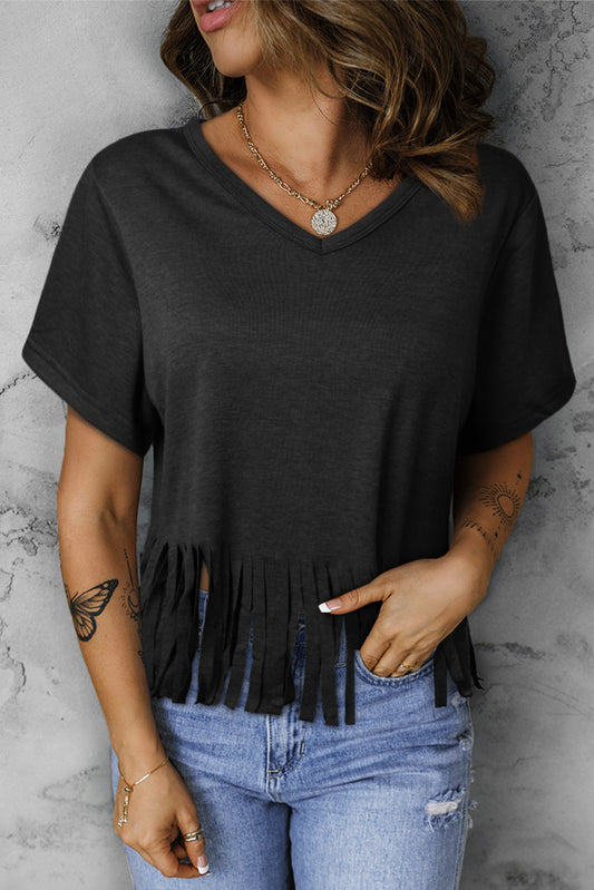 Bohemian Country V-Neck Fringe Hem T-Shirt