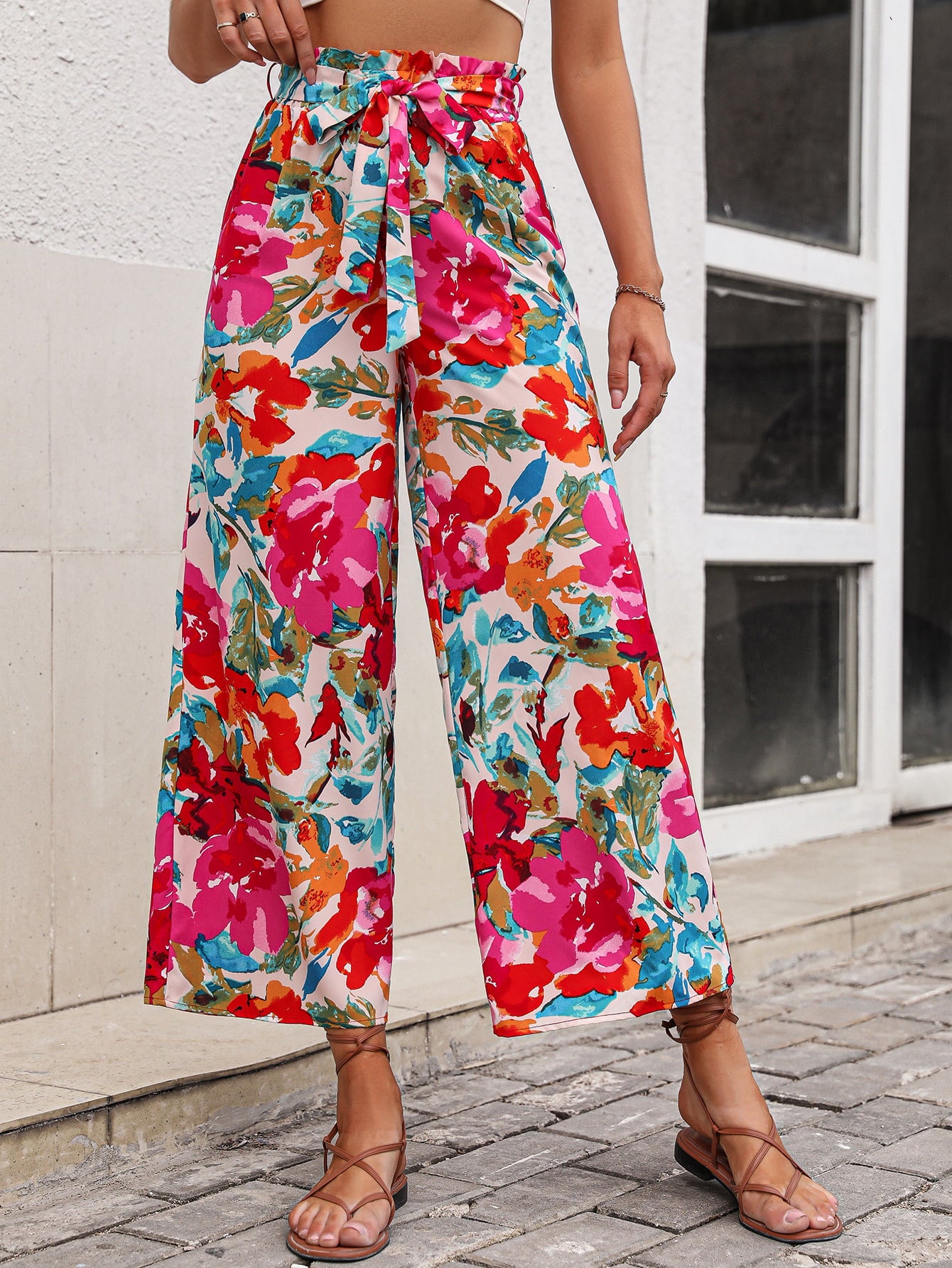 Women Boho Floral Wide Leg Palazzo Pants with Belt Summer Casual
