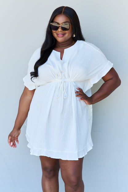 Out Of Time Boho Ruffle Hem Dress with Drawstring Waistband in White