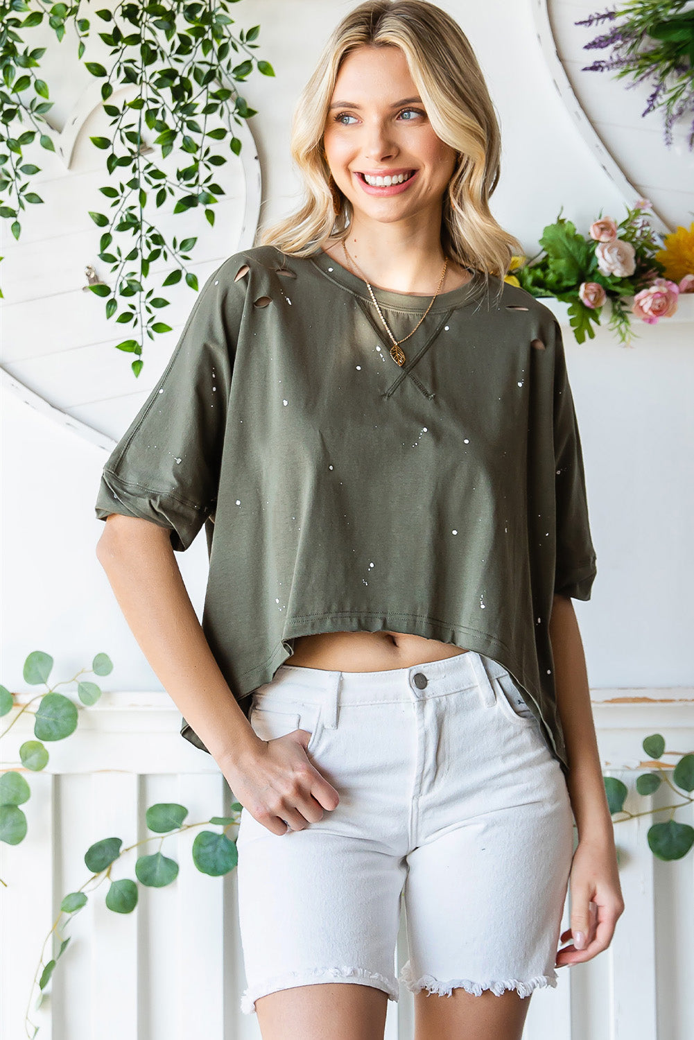 Distressed Asymmetric Hem Cropped Tee Shirt