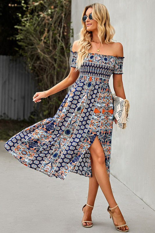 Bohemian Off-Shoulder Midi Frill Trim Split Dress